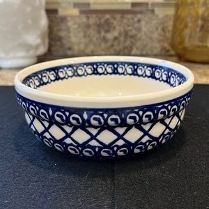 Polish Pottery 6” Bowl Blue and Cream Handmade in Poland Bowlslaweic